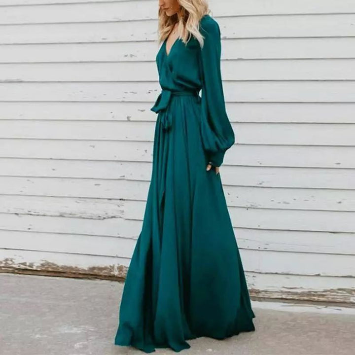 Damen Maxi-Kleid mit tiefem Schlitz und fließendem Stoff Drune