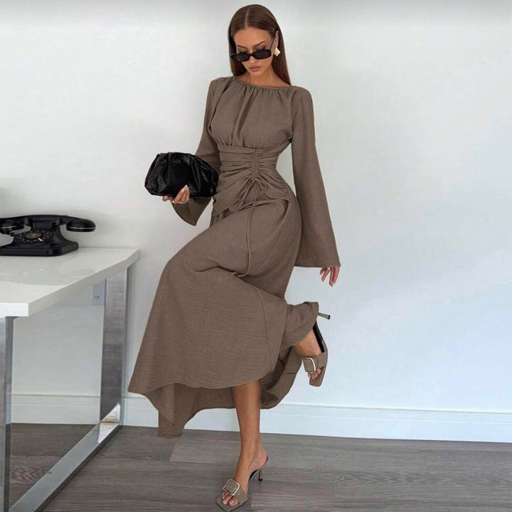 Damen Elegantes Maxikleid mit seitlichem Volant und raffinierten Drapierungen Drune