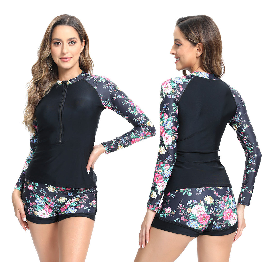 Damen Funktions-Badeanzug mit floralem Langarm-Top und Short Drune