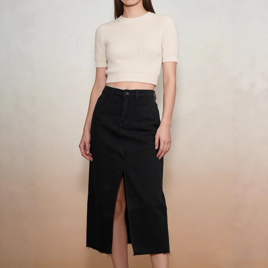 Damen Midi-Denim-Rock mit hohem Schlitz und fransigem Saum Drune