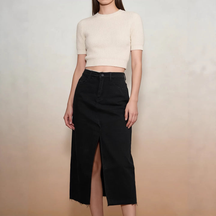 Damen Midi-Denim-Rock mit hohem Schlitz und fransigem Saum Drune