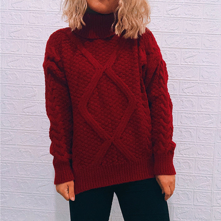 Damen Grobstrickpullover mit modischem Zopfmuster und hohem Kragen Drune