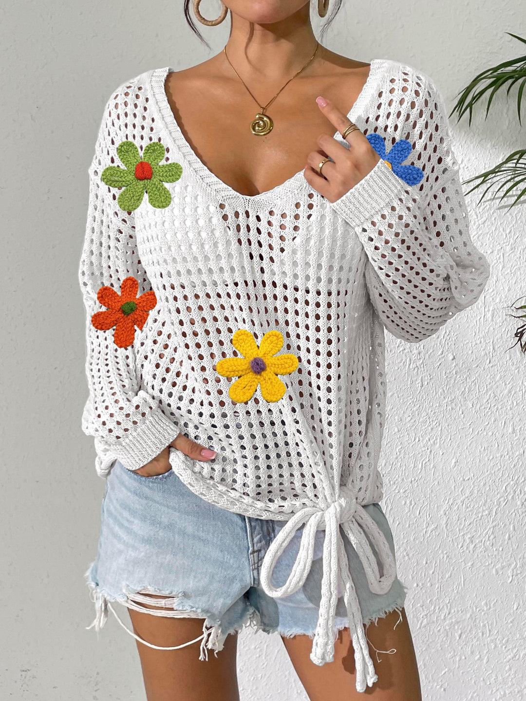 Damen Häkeloberteil mit Blumenapplikationen Drune
