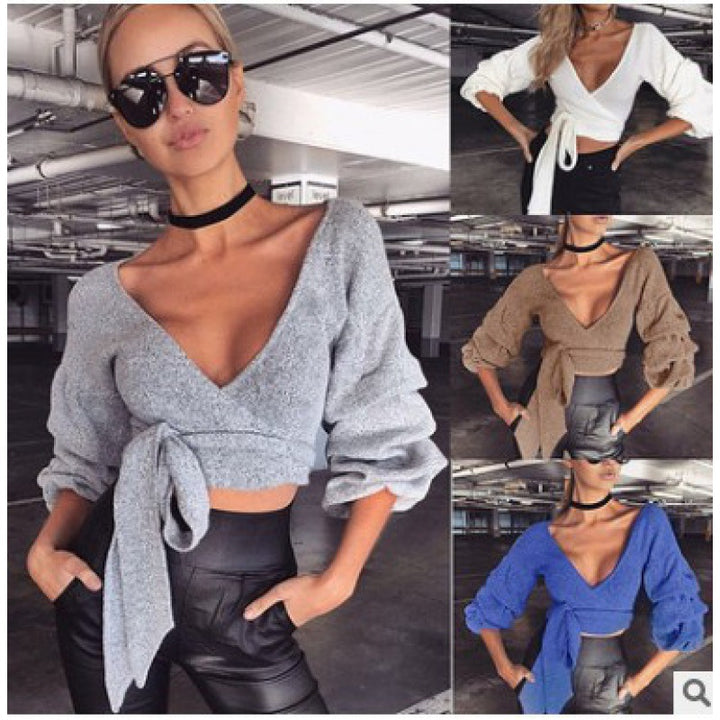 Damen cropped Bluse mit Wickel-Design und voluminösen Ärmeln Drune