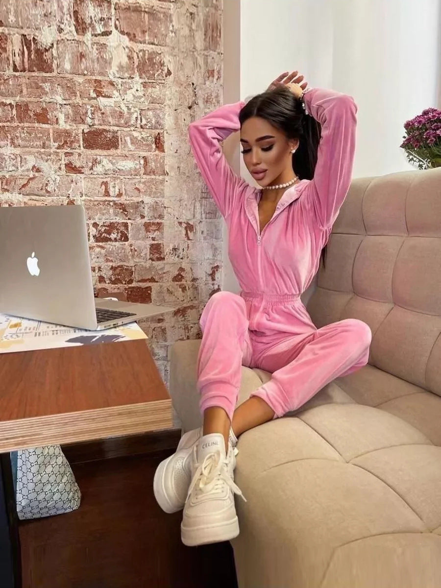 Damen weicher Fleece-Jumpsuit mit hohem Kragen und tailliertem Schnitt Drune