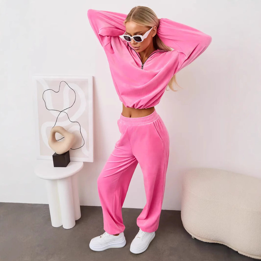 Damen Velours Jogginganzug mit hochgeschlossenem Kragen und elastischen Bündchen Drune