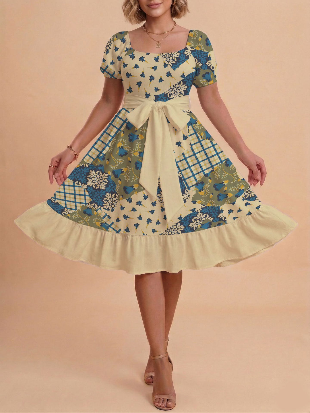 Damen Retro Maxikleid mit Puffärmeln und Taillengürtel Drune