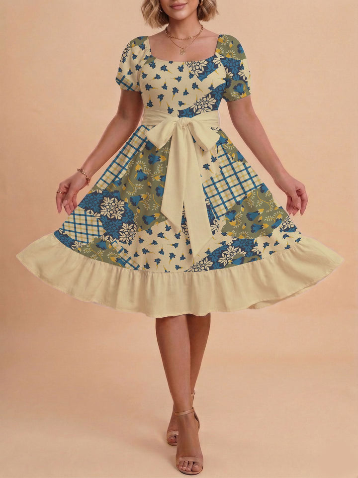 Damen Retro Maxikleid mit Puffärmeln und Taillengürtel Drune