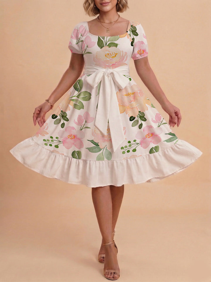 Damen A-Linien-Kleid mit floralen Motiven und taillierbarem Gürtel Drune
