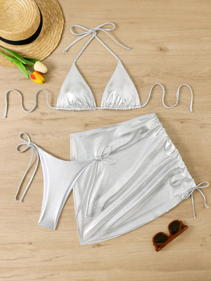 Damen Triangel-Bikini-Set mit glänzender Oberfläche und verstellbaren Bindebändern Drune