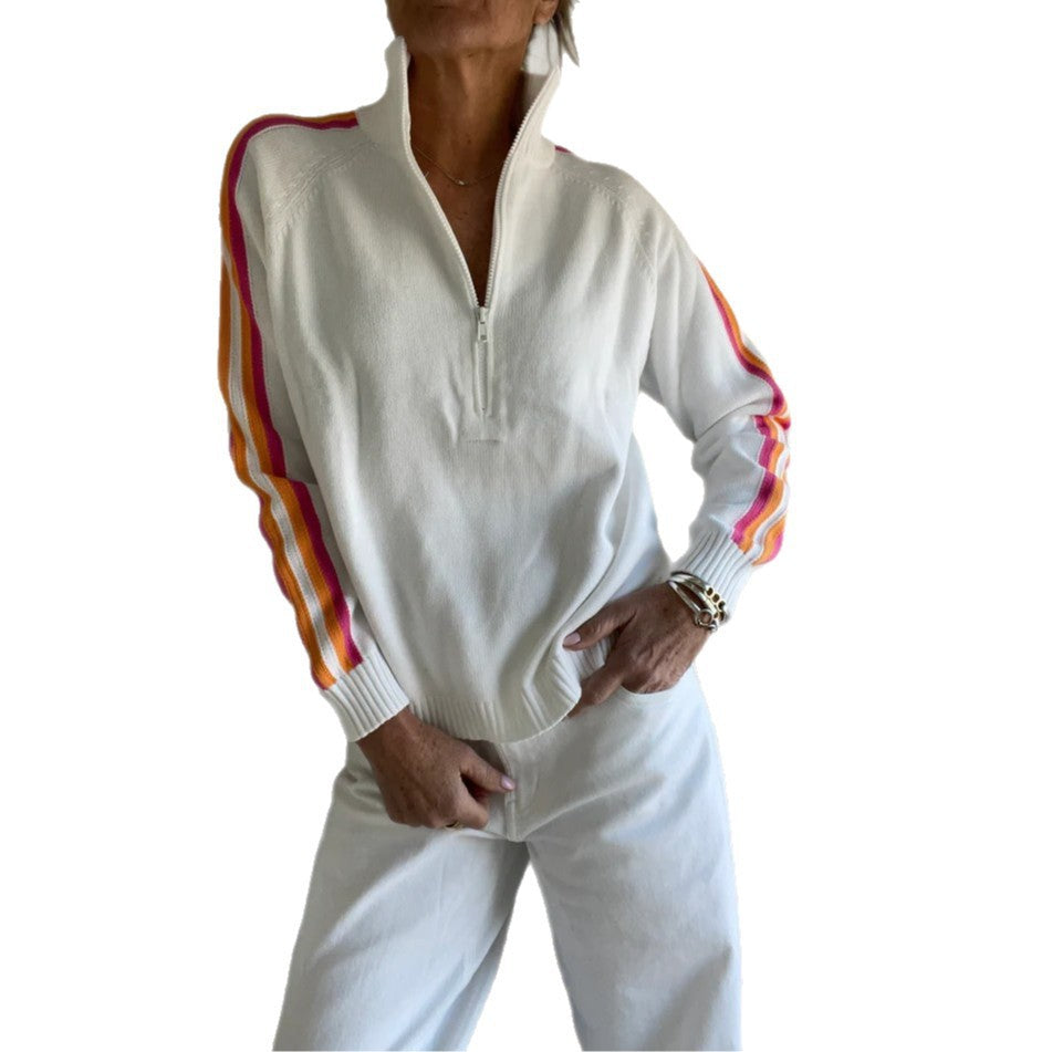 Damen Sportlicher Zip-Pullover mit bunten Streifen Drune