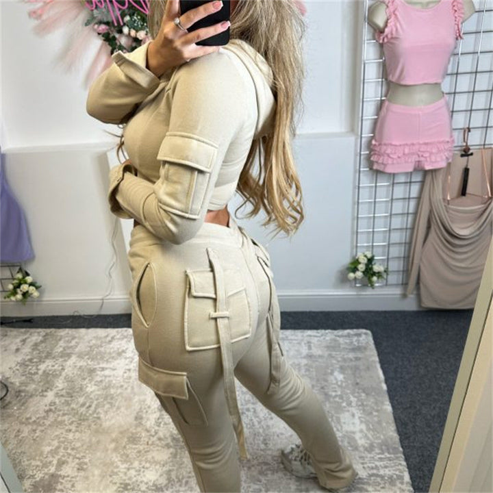 Damen modisches Kurzarm-Set mit praktischen Taschen Drune