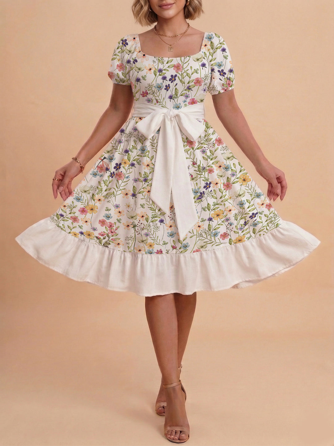 Damen Blumenkleid mit taillierbarem Gürtel und voluminösen Ärmeln Drune