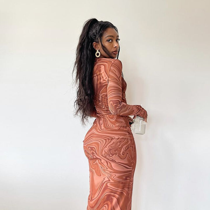 Damen Elegantes Maxikleid mit modernem Marmormuster und figurbetontem Schnitt Drune