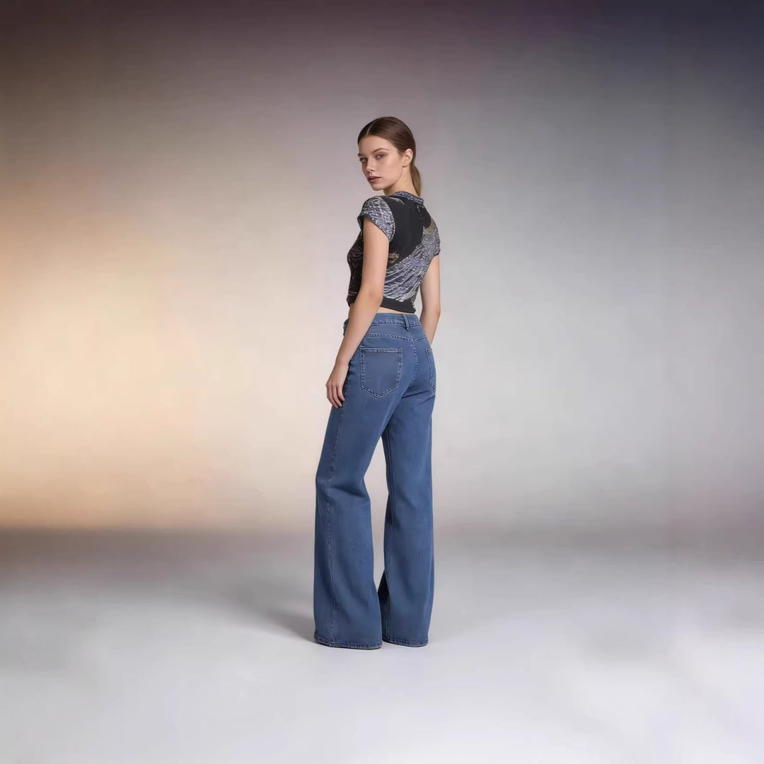 Damen nan hochgeschnittene Bundfalten-Weitbein-Jeans mit hohem Bund und Gürtelschlaufen Drune