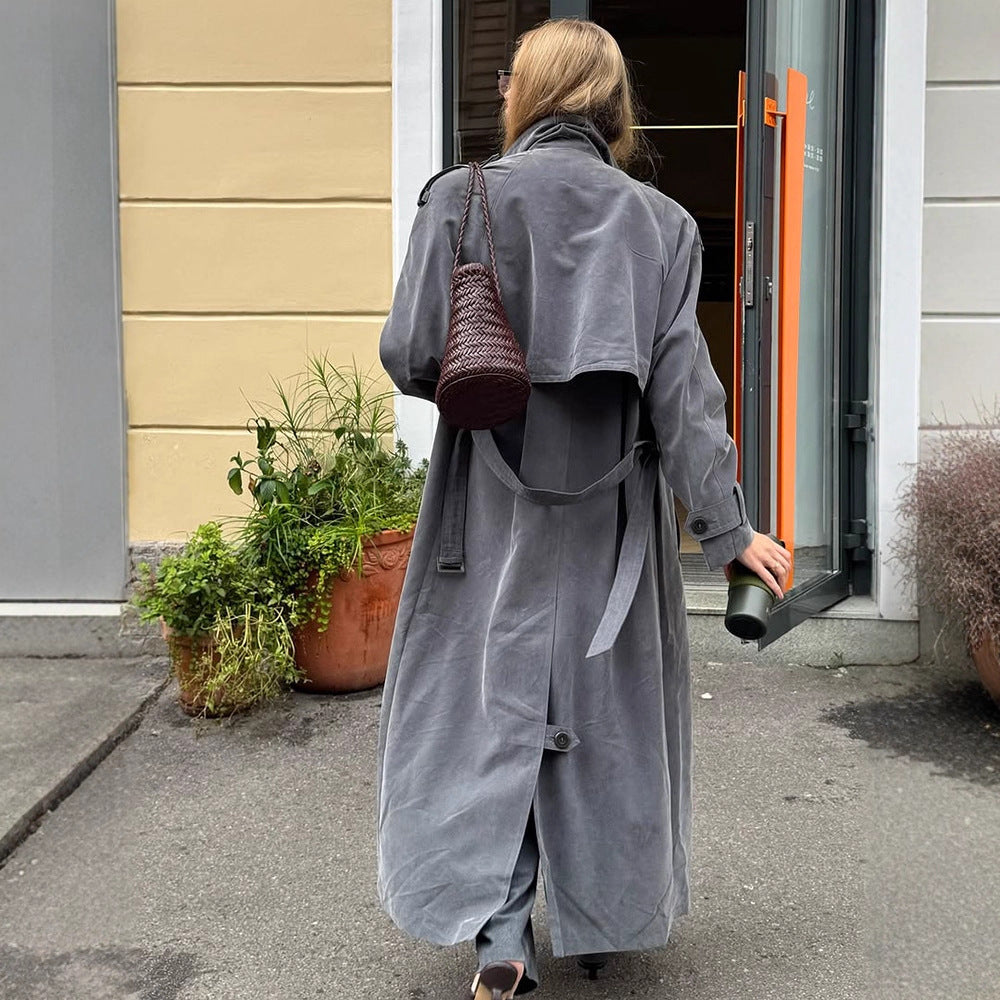 Damen eleganter Long-Trenchcoat mit strukturiertem Design und breitem Revers Drune