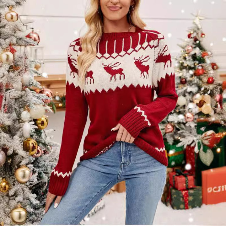 Damen festlicher Strickpullover mit einem klassischen Rentiermotiv Drune