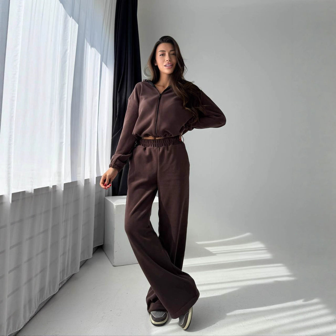 Damen bequemer Fleece-Sweatanzug mit elastischem Bund und modischen Details Drune