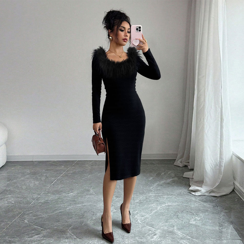 Damen Midi-Kleid mit eleganter Federverzierung und seitlichem Schlitz Drune