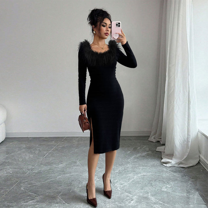 Damen Midi-Kleid mit eleganter Federverzierung und seitlichem Schlitz Drune