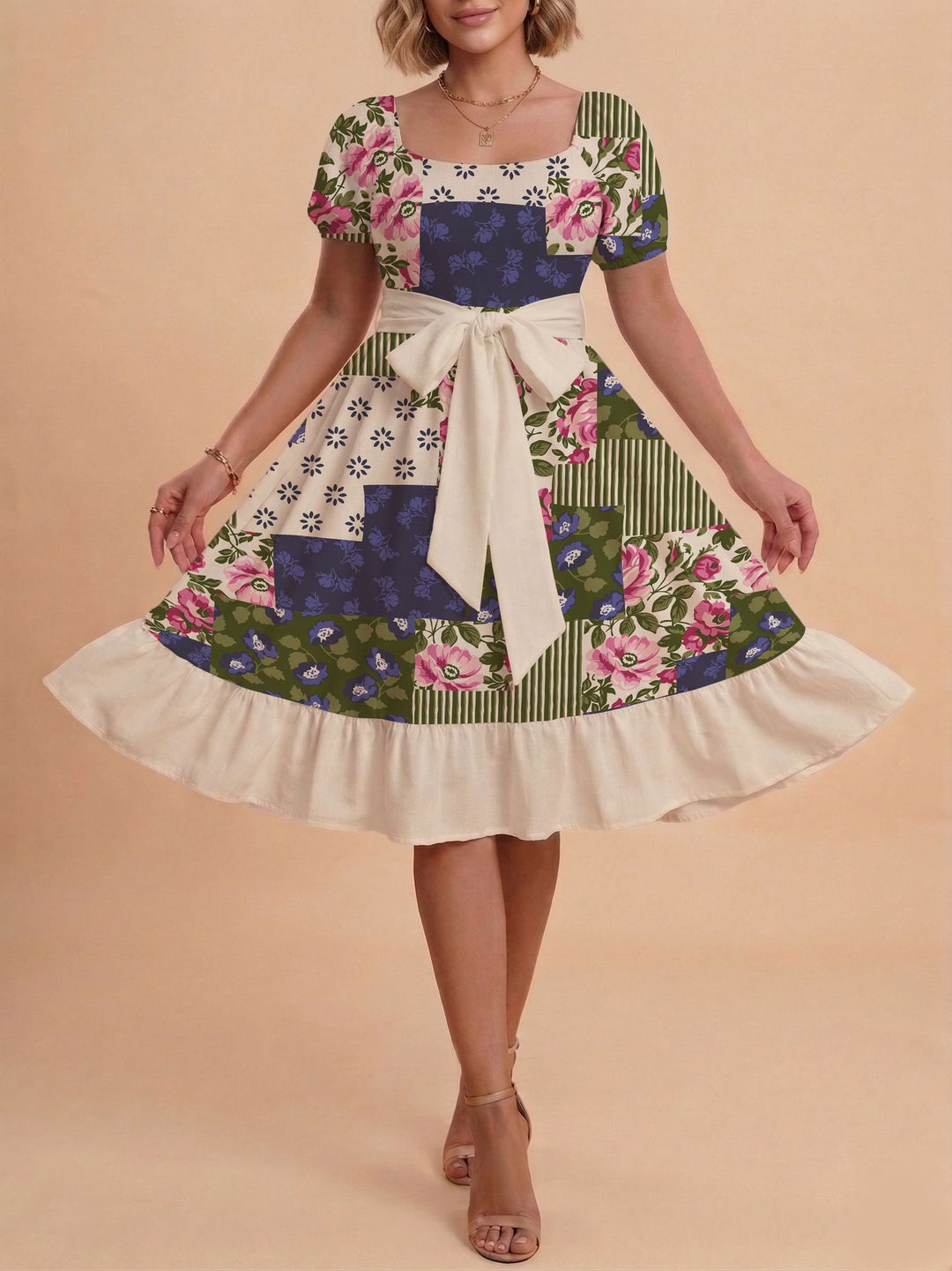 Damen Midikleid mit verspieltem Druck und tailliertem Schnitt Drune