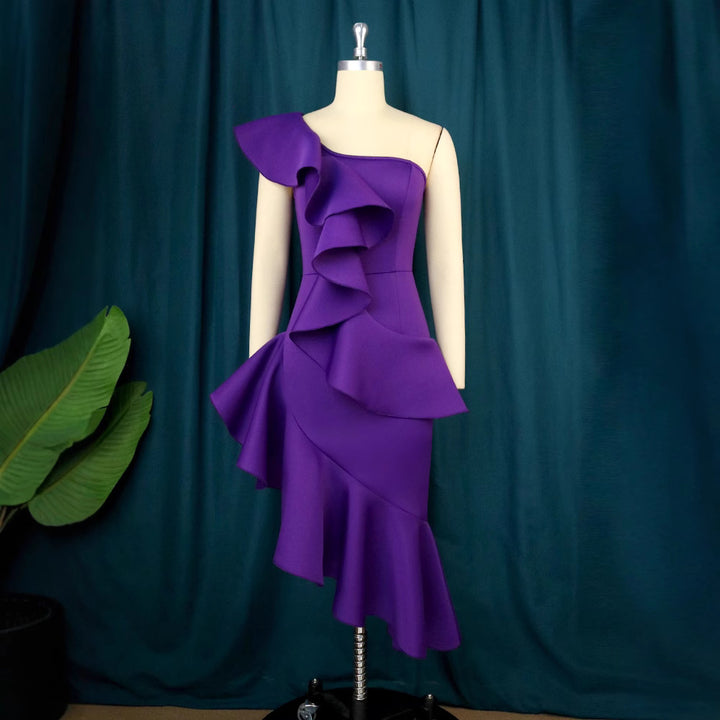 Damen Elegantes Maxi Kleid mit asymmetrischem Rüschendesign Drune
