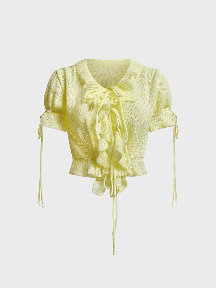 Damen Kurzarm Spitze Top mit Rüschen Drune