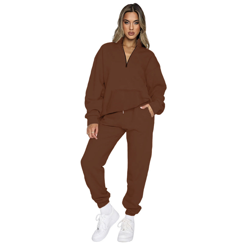 Damen nan French‑Terry Relax‑Loungewear‑Set mit halbem Reißverschluss, Kängurutasche und taillierter, schmal zulaufender Jogginghose Drune