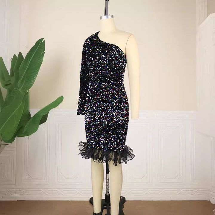 Damen Glamouröser Abendkleid mit funkelnden Pailletten und Rüschenabschluss Drune