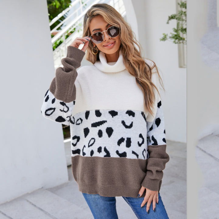 Damen modischer kuscheliger Pullover mit hohem Kragen und tierischem Muster Drune