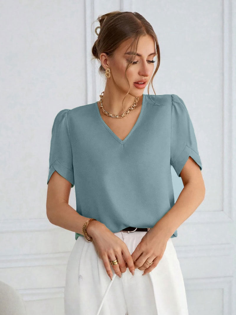 Damen V-Ausschnitt Bluse mit Puffärmeln Drune