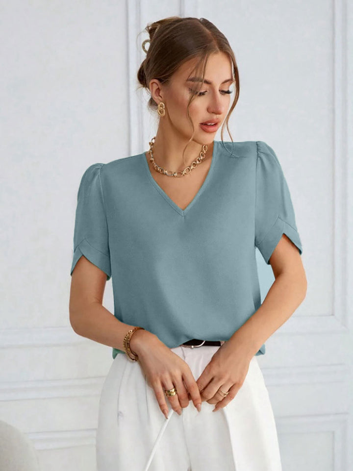 Damen V-Ausschnitt Bluse mit Puffärmeln Drune