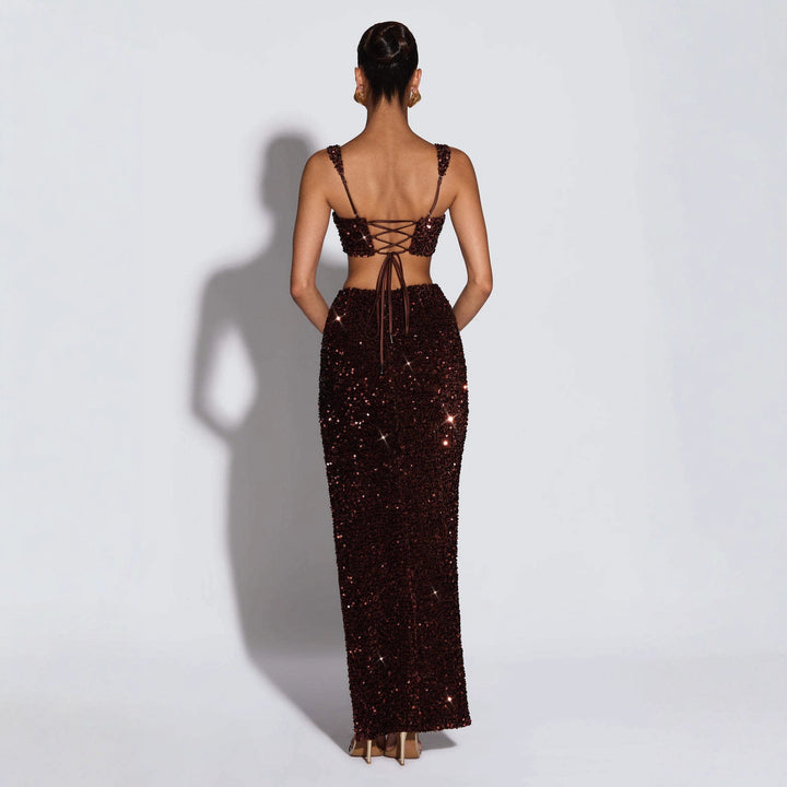 Damen Glitzerndes Abendkleid mit tiefem Schlitz und raffinierten Trägern Drune