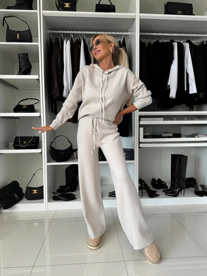 Damen nan luxuriöses Feinstrick-Loungewear-Set mit Kapuzenpullover, elastischem Komfortbund und fließendem Wide-Leg-Hosenbein Drune