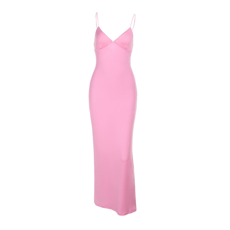 Damen figurbetontes Langkleid mit Spaghettiträgern und elegantem Ausschnitt Drune