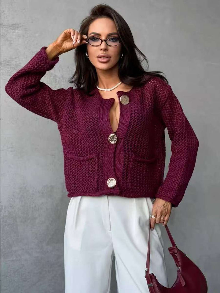Damen Strickjacke mit Netzstruktur und großen Knopfdetails Drune