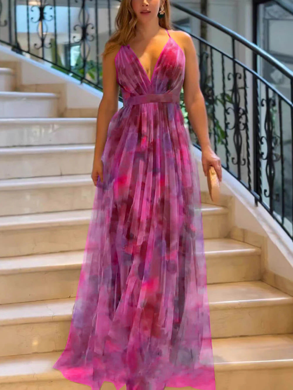 Damen Elegantes Maxikleid mit schwingendem Rock und raffiniertem V-Ausschnitt Drune