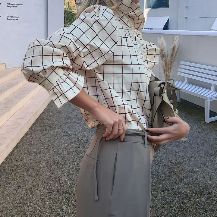 Damen Karierte Bluse mit eleganten Rüschendetails Drune