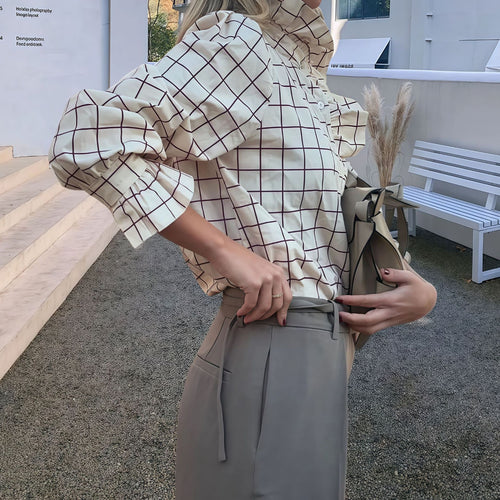 Damen Karierte Bluse mit eleganten Rüschendetails Drune