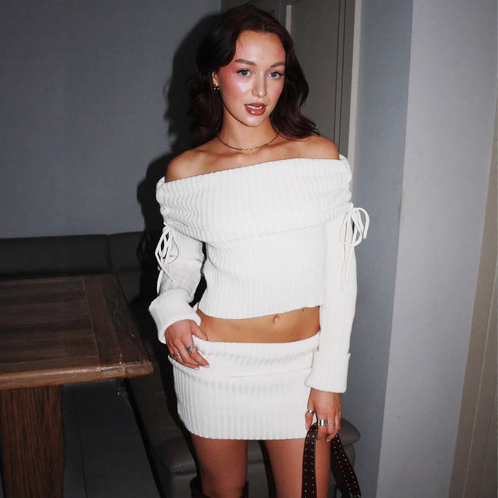 Damen Off-Shoulder Strick-Set mit modischen Details Drune