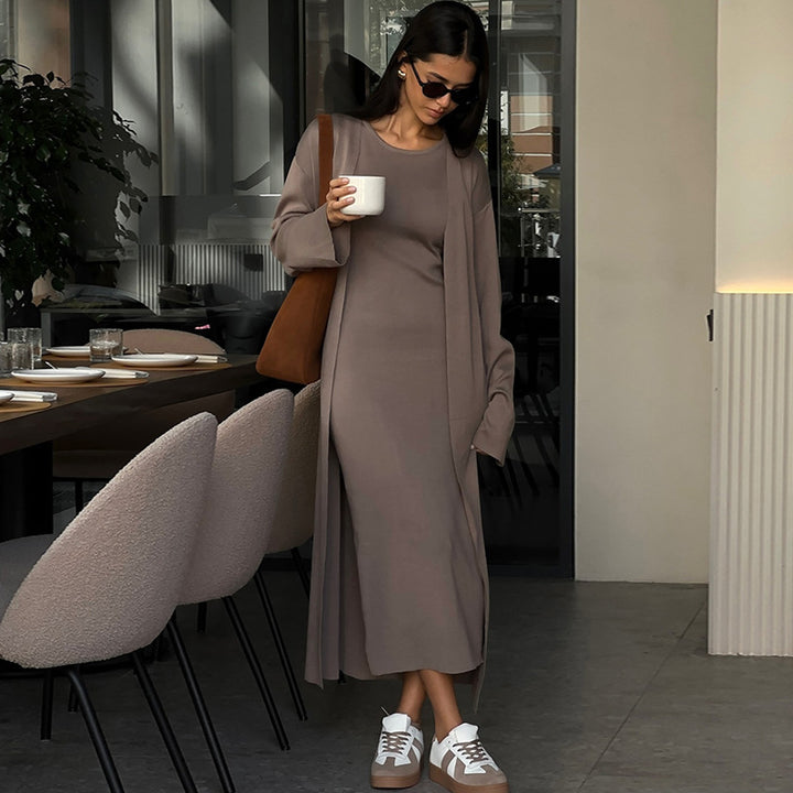 Damen elegantes Maxikleid mit passendem Oversized-Mantel Drune