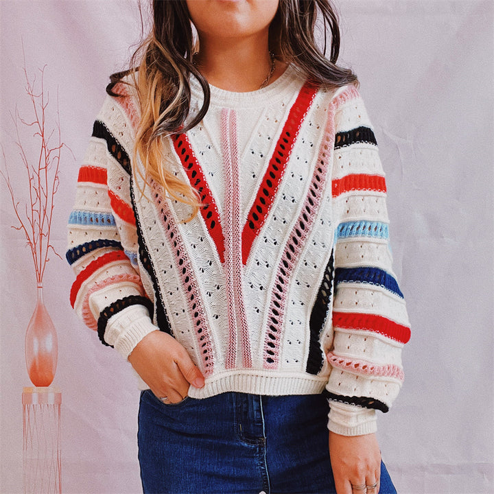 Damen modischer Pullover mit farbenfrohem V-Ausschnitt und strukturiertem Strickdesign Drune
