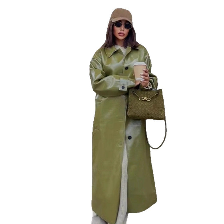 Damen Übergangs-Trenchcoat aus glänzendem Kunstleder mit hohem Kragen Drune