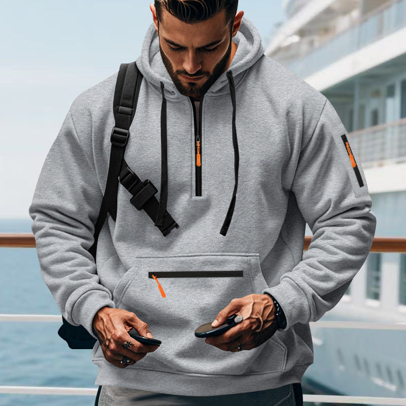 Herren nan technischer Half-Zip Hoodie mit Kängurutasche, Ärmeltasche und Reißverschluss-Details Drune