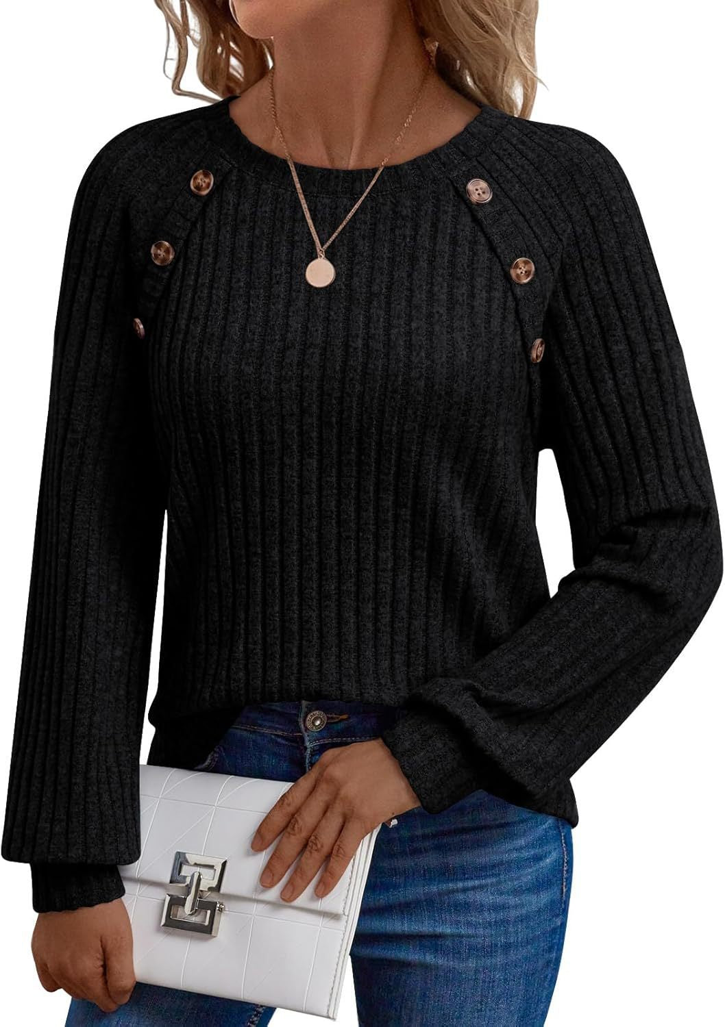 Damen Strickpullover mit dekorativen Knöpfen und modernem Rippenmuster Drune