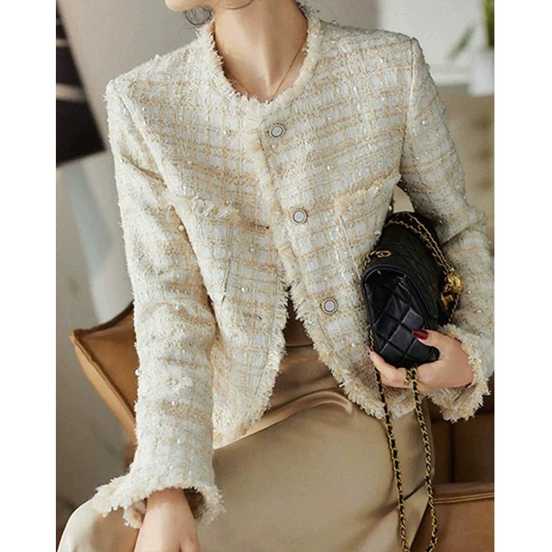 Damen Tweed Boucle Jacke mit schicker Knopfdetails Drune