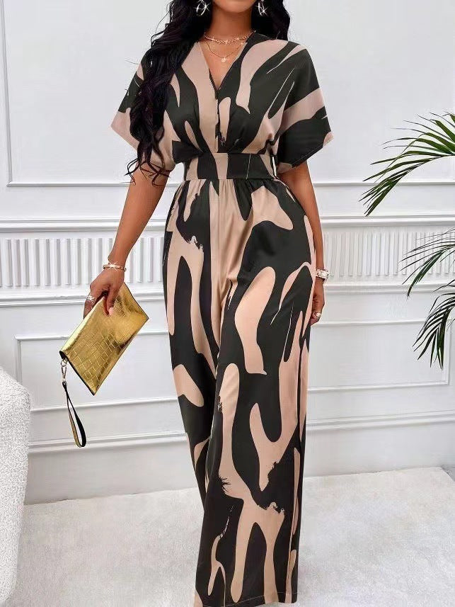 Damen Eleganter Jumpsuit mit großflächigem Muster und V-Ausschnitt Drune