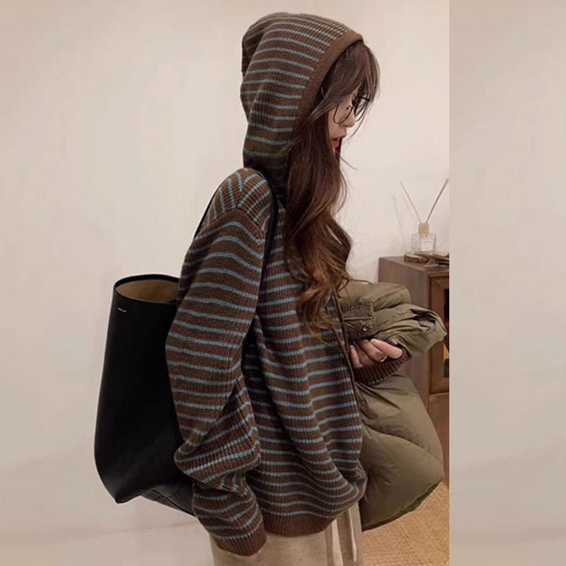 Damen Gemütlicher Kapuzenpullover mit Streifenmuster Drune