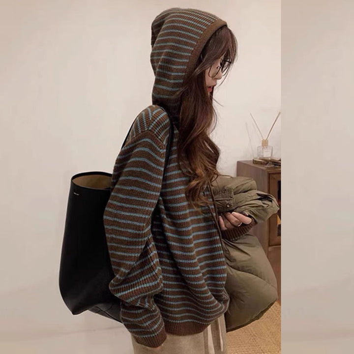 Damen Gemütlicher Kapuzenpullover mit Streifenmuster Drune