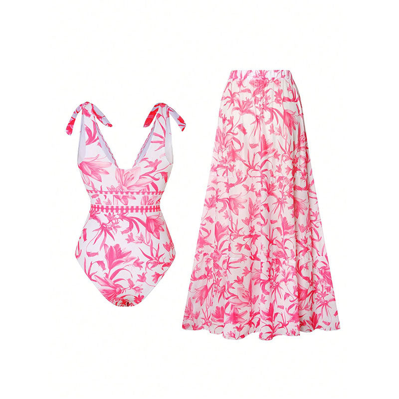 Damen Badeanzug mit floralem Design und passendem Maxiskirt Drune